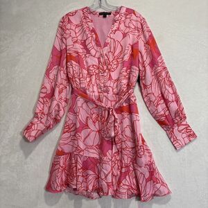 Boston Proper Blooming Outlines Print Button Up Ruffle Flounce Dress Pink 14 NWT